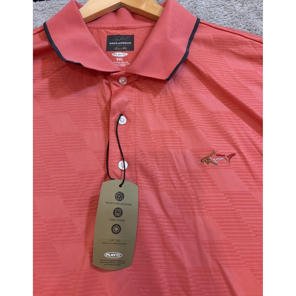 Greg Norman Tasso Elba Mens XXL Coral Pink Play Dry Golf Polo Shirt Geometric